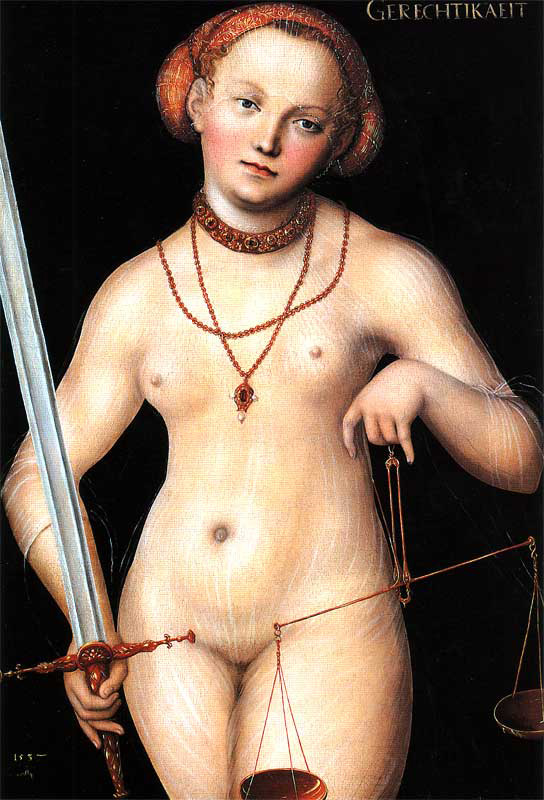 justice as a naked woman with sword and scales